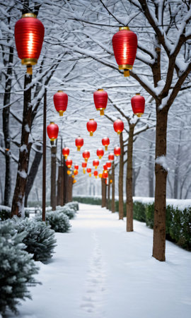 A Snowy Path With Red Lanterns Hanging From Trees. Generative AIの素材