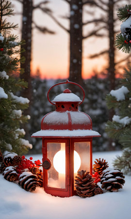 A Red Lantern With Pine Cones And Pine Cones In The Snow. Generative AIの素材