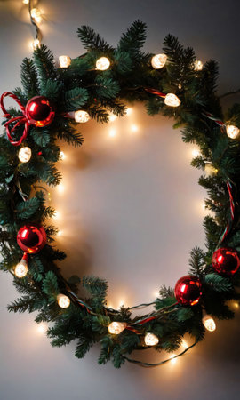 A Wreath With Lights And Ornaments On It. Generative AIの素材