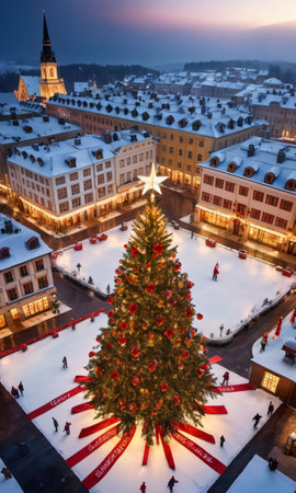 A Christmas Tree In A City Square. Generative AIの素材