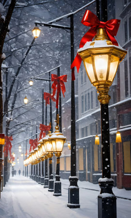 A Snowy Scene With A Street Light And A Red Bow. Generative AIの素材