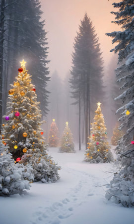 Christmas Trees In The Snow. Generative AIの素材