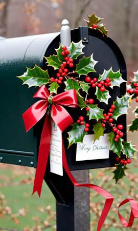 A Christmas Wreath On A Mailbox With A Red Bow. Generative AIの素材