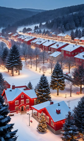 A Snowy Scene Of A Town. Generative AIの素材