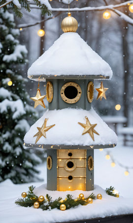 A Birdhouse With A Christmas Tree In The Background. Generative AIの素材