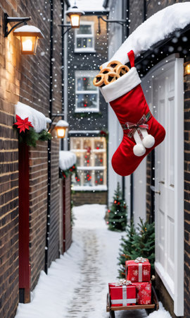 A Christmas Stocking Hanging From A Window. Generative AIの素材