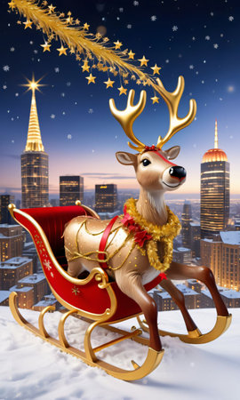 A Reindeer Sled Through The City. Generative AIの素材