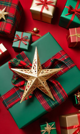 Christmas Presents On Red Background. Generative AIの素材