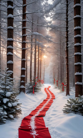 A Red Carpet In The Middle Of A Snowy Forest. Generative AIの素材