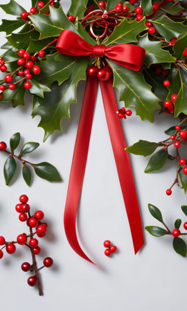 A Red Ribbon And Holly Wreath With Red Berries. Generative AIの素材