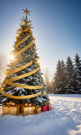 A Christmas Tree With A Ribbon Around It. Generative AIの素材