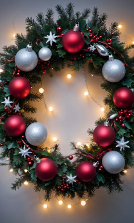 Christmas Wreath With Red And Silver Ornaments. Generative AIの素材