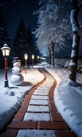 A Snowman Is Standing On A Brick Path. Generative AIの素材