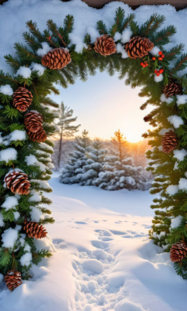 Christmas Wreath With Pine Cones And Pine Cones In The Snow. Generative AIの素材