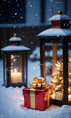 A Christmas Tree With A Red Present And A Lantern. Generative AIの素材