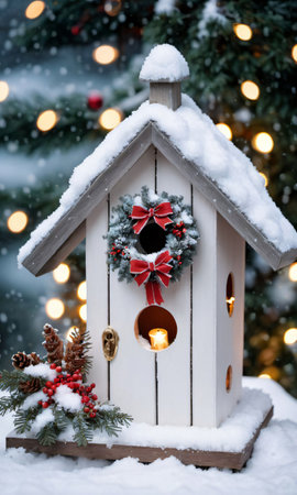 A Birdhouse With A Wreath And A Christmas Wreath On Top. Generative AIの素材