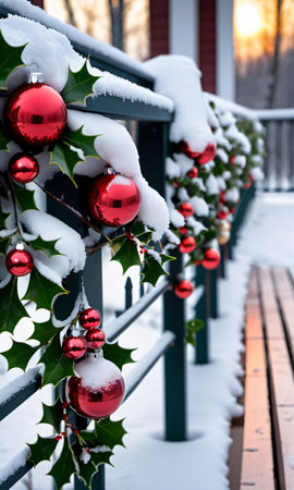 A Bench Covered In Snow With Christmas Decorations. Generative AIの素材