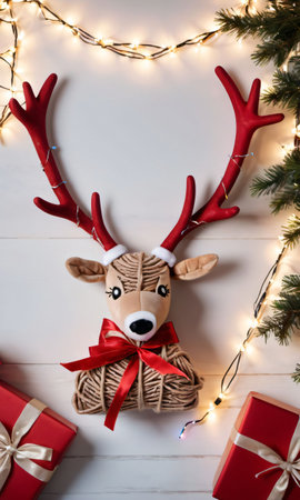 A Reindeer Head With A Red Bow And A Christmas Tree. Generative AIの素材