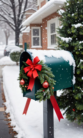 A Green Mailbox With A Red Bow And A Red Bow. Generative AIの素材