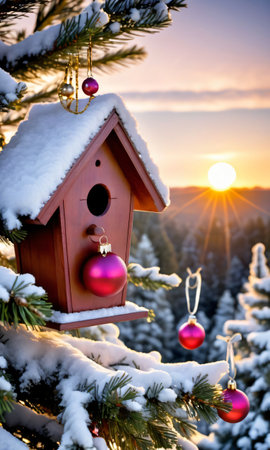 A Birdhouse With Ornaments Hanging From The Tree. Generative AIの素材