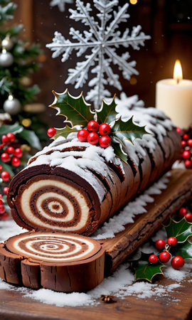 A Christmas Cake With A Spiral Design On A Wooden Board. Generative AIの素材