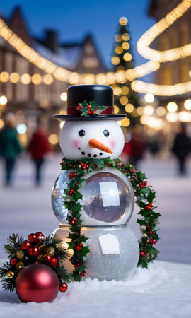 A Snowman With A Hat And A Wreath On His Head. Generative AIの素材