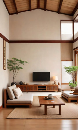 Japandi Style Living Room In A Home. Generative AIの素材