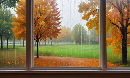 Rain Outside The Window With An Autumn Park Landscape. Generative AIの素材