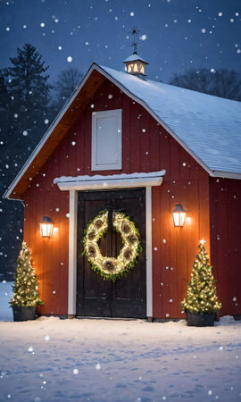 A Festive Barn With Wreaths And Lights During A Gentle Snowfall. Generative AIの素材