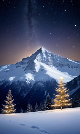 Christmas Stars Illuminating A Snowy Mountain, At Night. Generative AIの素材