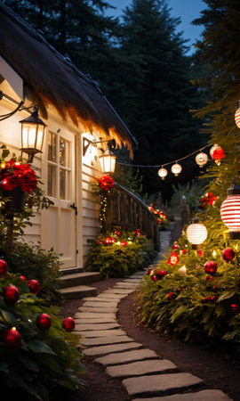 A Lantern-Lit Path Leading To A Festively Decorated Cottage. Generative AIの素材
