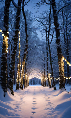 Christmas Lights Illuminating A Path Through A Snowy Forest, Captured At Dusk. Generative AIの素材