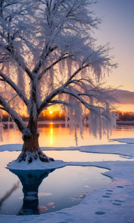 A Decorated Tree In The Middle Of A Frozen, Snowy Lake At Sunset. Generative AIの素材