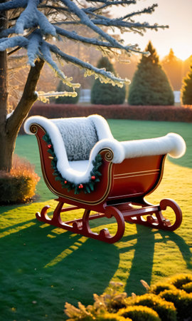 A Christmas Sleigh In A Garden, The Frosty Grass Sparkling Under The Warm Light Of Sunrise. Generative AIの素材