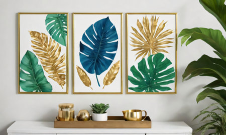 Set Of Three Tropical Leaves Wall Art In Blue, Green, And Gold. Generative AIの素材