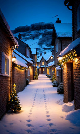 Christmas Lights Illuminating A Path Through A Snowy Village, Captured At Dawn. Generative AIの素材