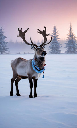 A Pair Of Reindeer With Festive Collars In A Snowy Field At Dawn. Generative AIの素材