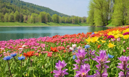 Field Of Colorful Flowers On A Lake In Springtime. Generative AIの素材