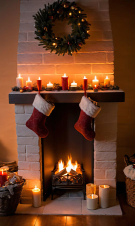 A Cozy Fireplace With Stockings, Illuminated By The Soft Glow Of Firelight. Generative AIの素材