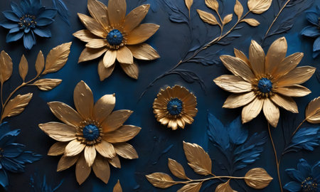 Textured Blue And Gold Painted Flowers, Dark And Moody. Generative AIの素材