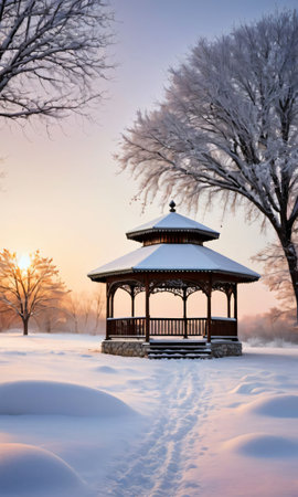 A Snowy Landscape With A Decorated Gazebo At Sunrise. Generative AIの素材