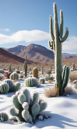 Snow-Covered Desert With Frosty Cacti. Generative AIの素材