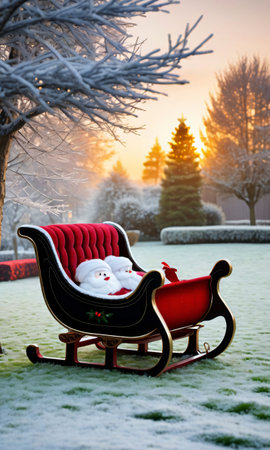 A Christmas Sleigh In A Garden, The Frosty Grass Sparkling Under The Warm Light Of Sunrise. Generative AIの素材