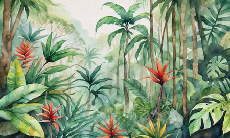 Watercolor Drawing Of A Tropical Rainforest. Generative AIの素材