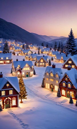 A Snowy Christmas Village With Twinkling Lights At Dusk. Generative AIの素材