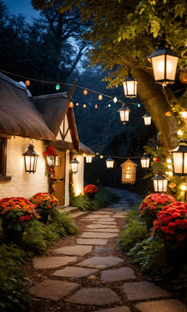 A Lantern-Lit Path Leading To A Festively Decorated Cottage. Generative AIの素材