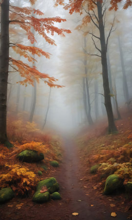 Tranquil And Mysterious Foggy Autumn Forest. Generative AIの素材