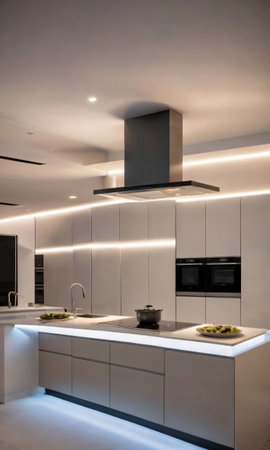 A Modern Kitchen Boasting State-Of-The-Art Appliances And A Sleek Design, Illuminated By The Soft Glow Of Ambient Lighting. Generative AIの素材