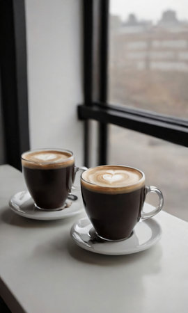 Two Cups Of Coffee On A Table By A Window. Generative AIの素材