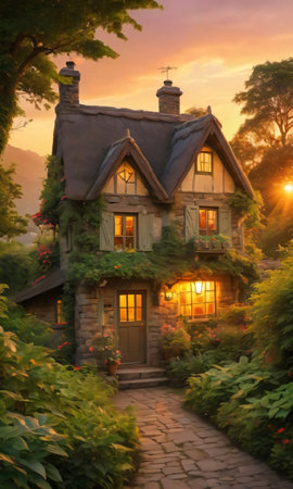 A Cozy Cottage Nestled Amidst Lush Greenery, Captured Under The Enchanting Light Of A Golden Sunset. Generative AIの素材